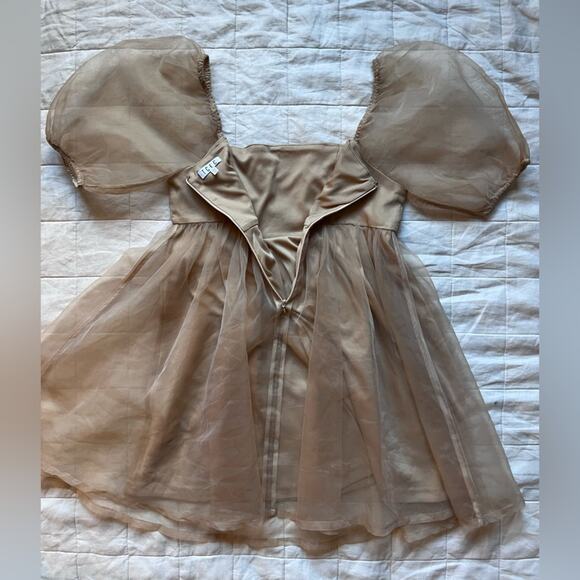 TCEC Tan / Champaign Chiffon Babydoll Mini Dress Ethereal Cottagecore Fairy -Med - Picture 4 of 10
